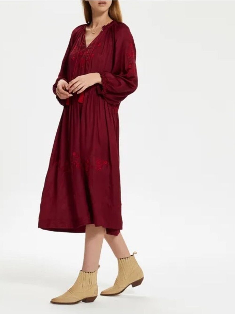 THE GREAT. Ornament Embroidered Dress | Dark red Midi Dress. Size 1 US Small 4-6